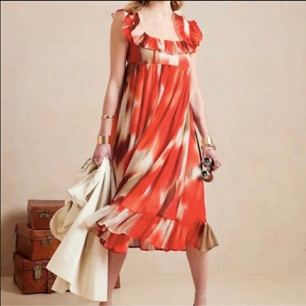Banana Republic Red & White Empire Chiffon Dress in Snow Day Size Large